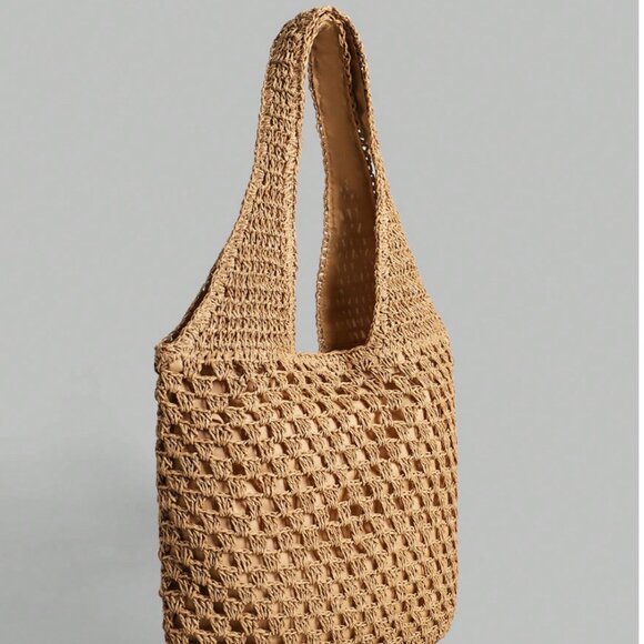 Hollow Straw Wovan Shoulder Bag Large Brown - Picture 3 of 5